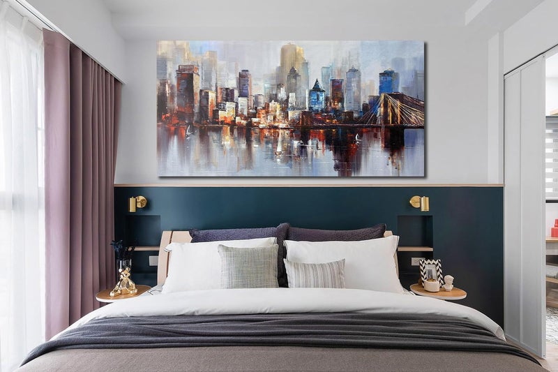 Arjun Brooklyn Bridge Wall Art for Living Room, Modern New York City Abstract Cityscape Canvas Painting, NYC Skyline Textured Picture Bedroom Artwork Home Office Wall Decor Extra Large Framed 58"x29" - Image 4